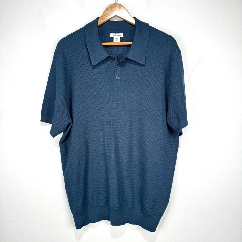 Thom Aaron Knit Polo Shirt Men XL Navy Blue Rayon Blend Short Sleeve Sweater